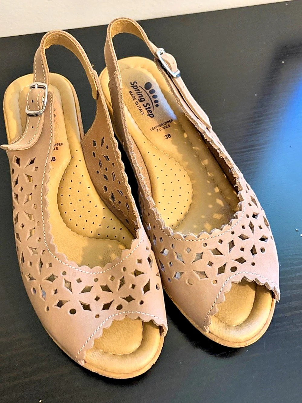 Spring Step Orella Sandal Leather Cutout Wedge Sandals Tan EU 38